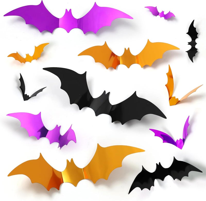 Bamamon 96 Pcs Bats Halloween Decoration Stickers, 3D Bat Wall Decor 5 Size Realistic PVC Black Orange Purple Bats DIY Home Decor Wall Decal Bathroom Indoor Outdoor Window Décor Halloween Party Supplies - Image 1